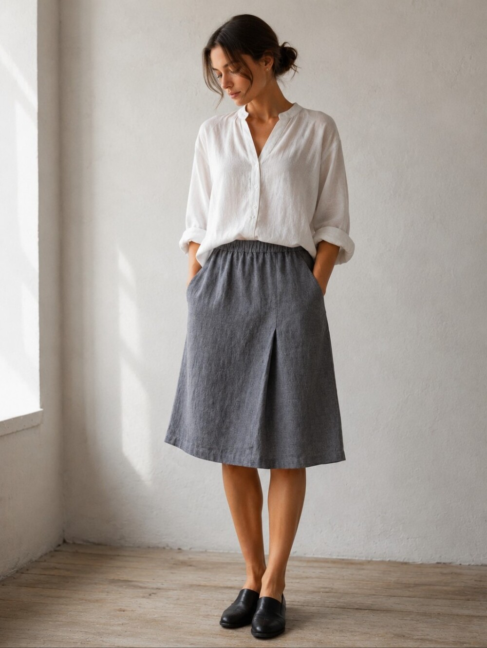 FLAX Women Linen Midi Skirt Gray Pull On Elastic Waist Pockets Lagenlook S